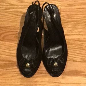 Gold flower coach heeled sandals